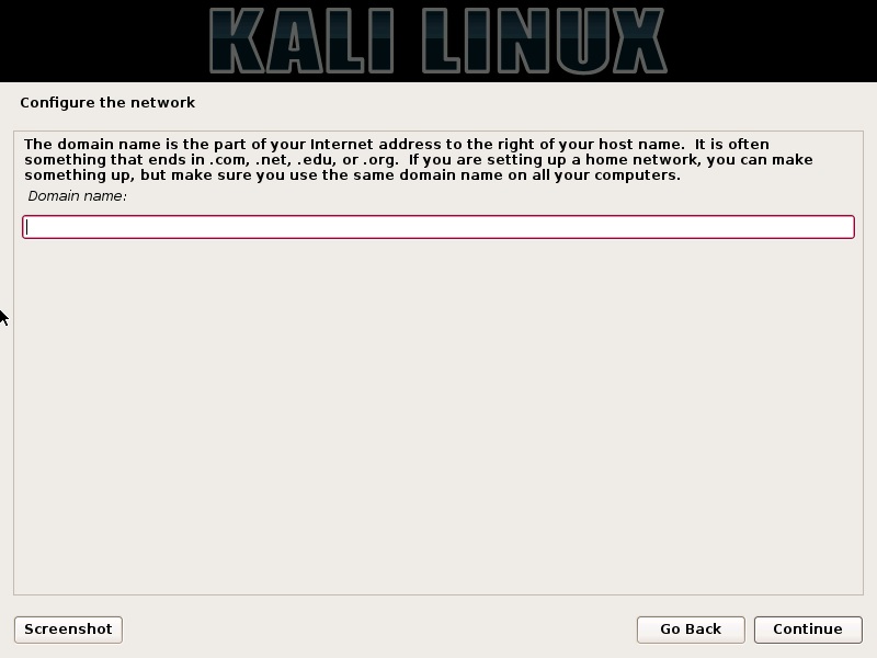 Kali Linux Installation Configure Network Domain Name Dialog Box Screenshot
