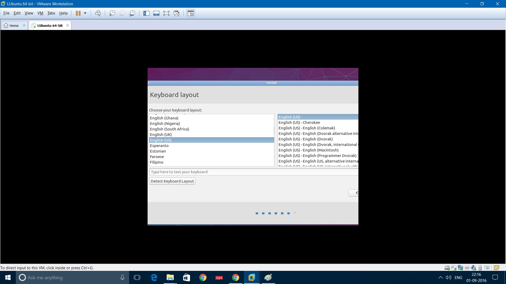 VMware Workstation installing Lubuntu- specify Keyboard Layout