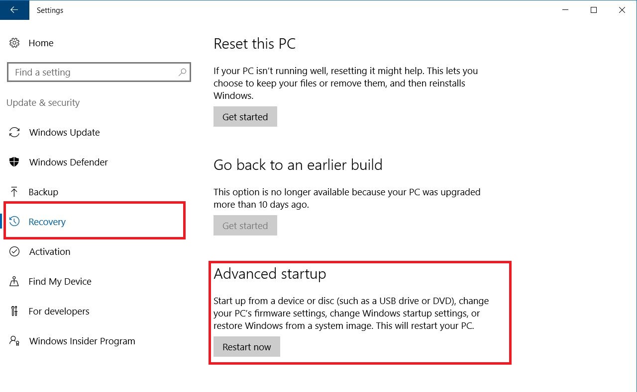 Windows 10 Settings – Update and Security- dialog box screenshot