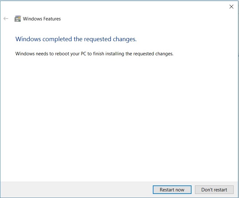 Windows 10 Add Features- Restart dialog box screenshot