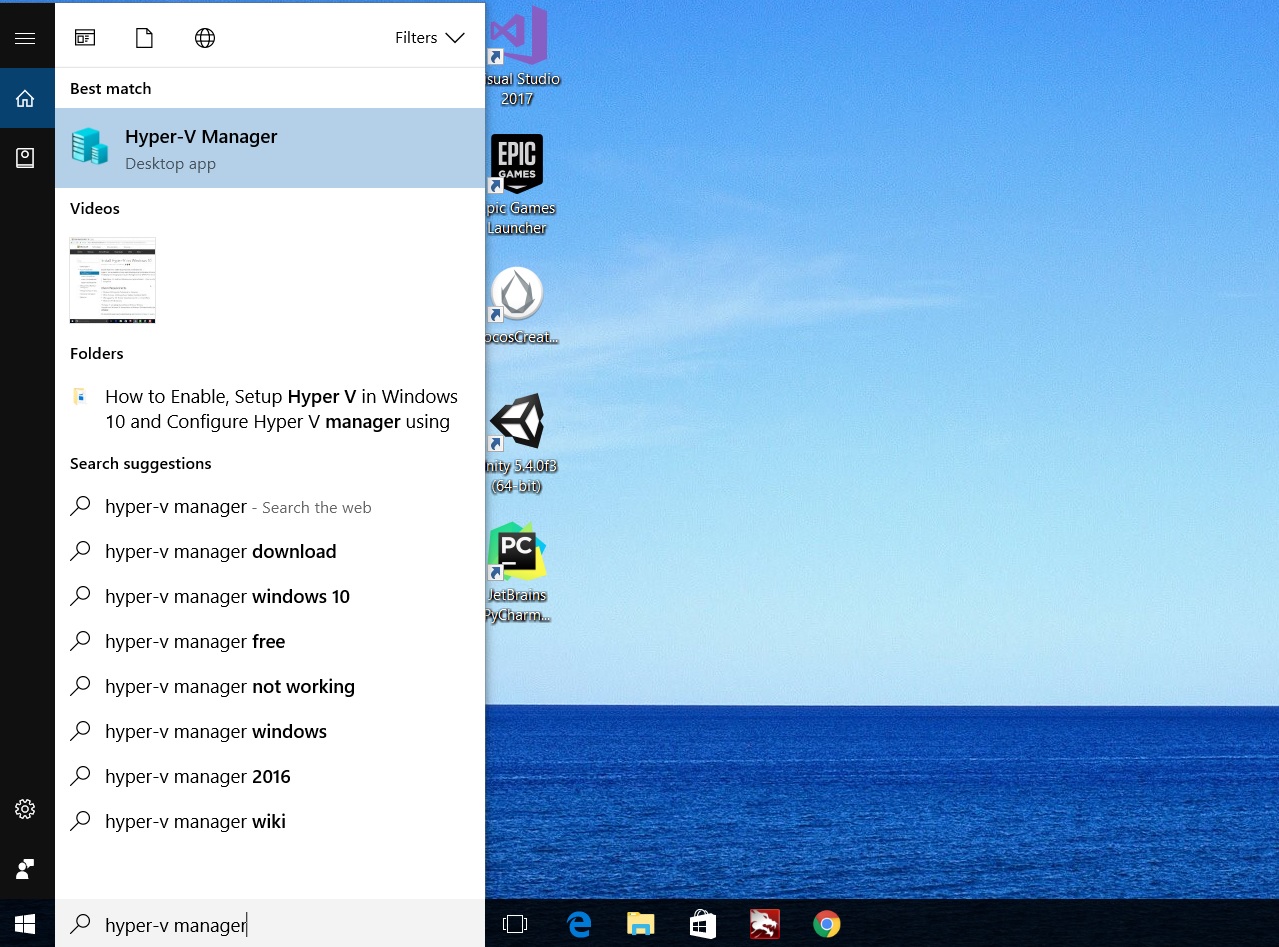 Windows 10 Hyper V Manager taskbar search