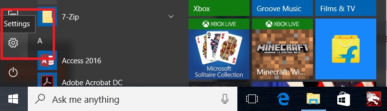 Windows 10 Start Menu Settings Button Screenshot