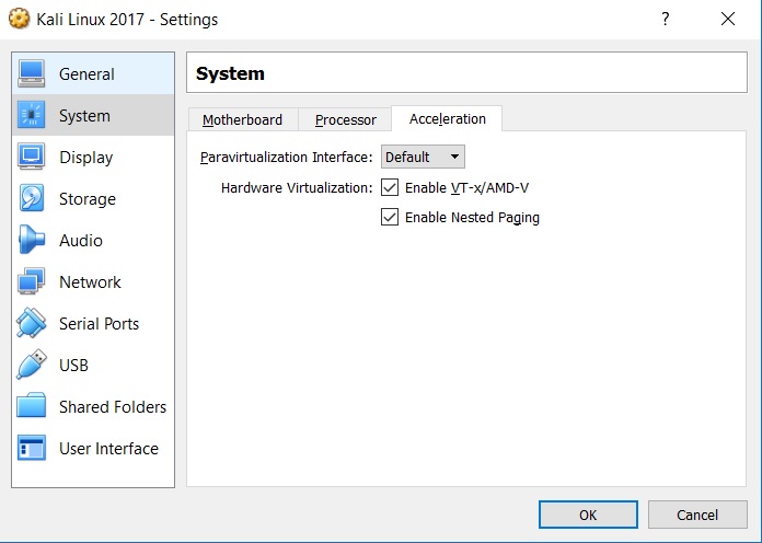 VirtualBox - Settings - System Acceleration dialog box screenshot