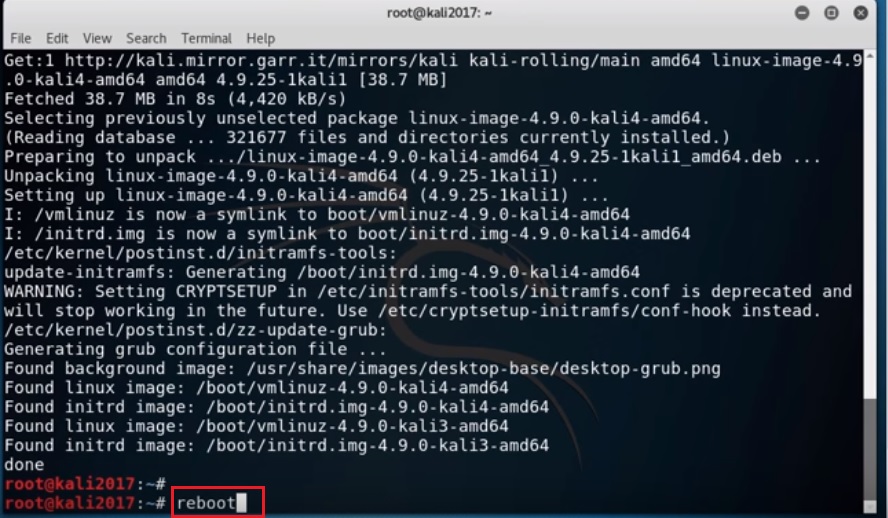 Kali Linux terminal - Reboot command  screenshot