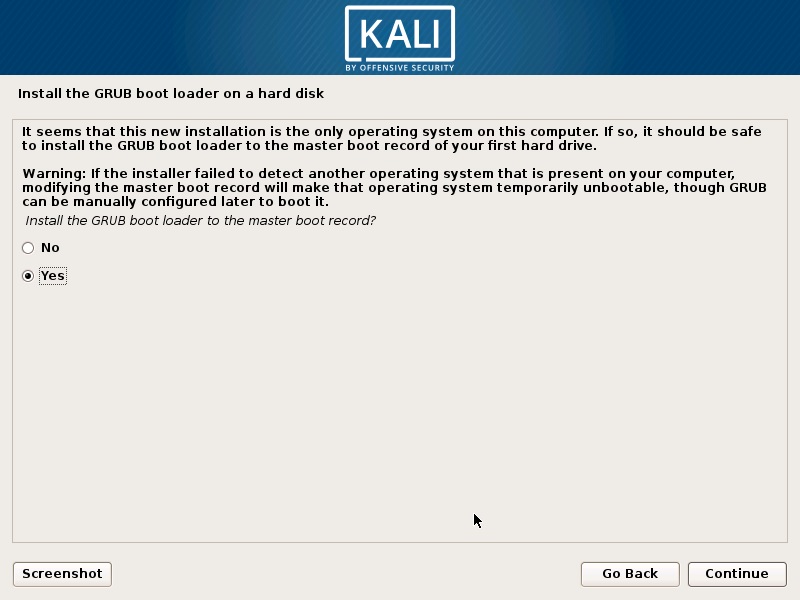 Install Kali Linux 2017 in VirtualBox- Install GRUB Boot Loader Screenshot