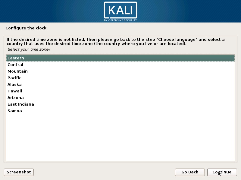 Install Kali Linux 2018 in VMware Workstation 14- Configure Clock Screenshot