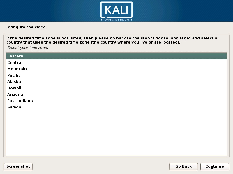 Install Kali Linux 2018 in VMware Workstation 14- Configure Clock Screenshot