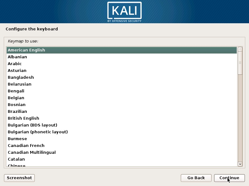 Install Kali Linux 2017 in VirtualBox- Configure keyboard Screenshot