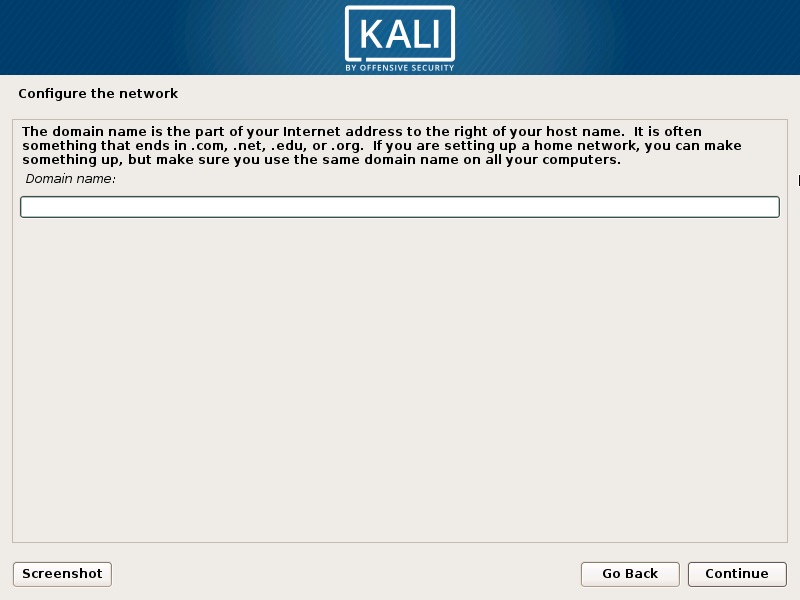 Install Kali Linux 2018 in VMware Workstation 14- Configure the Network- Enter Domain Name Screenshot