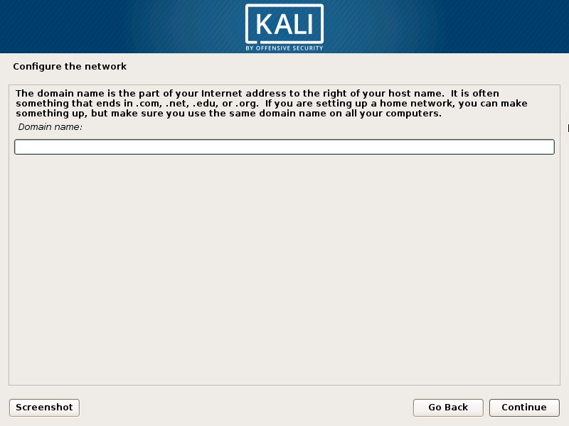 Install Kali Linux 2017 in VirtualBox- Configure the Network- Enter Domain Name Screenshot