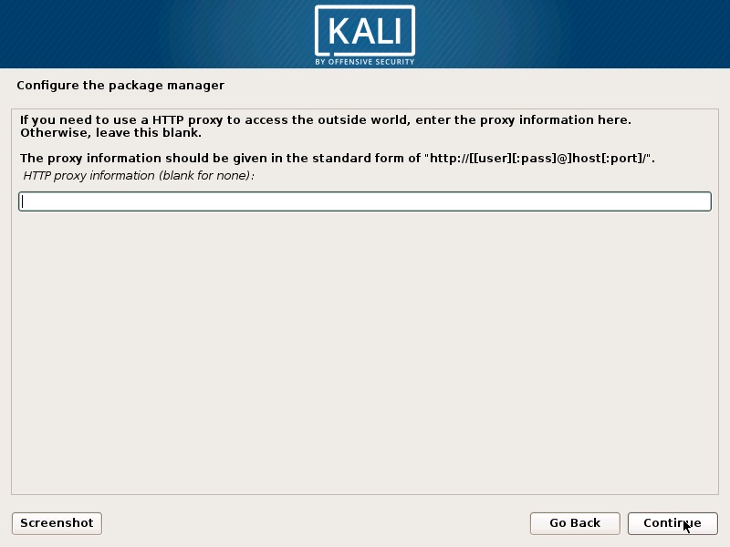 Install Kali Linux 2018 in VMware Workstation 14- Configure the Package Manager - HTTP proxy Screenshot
