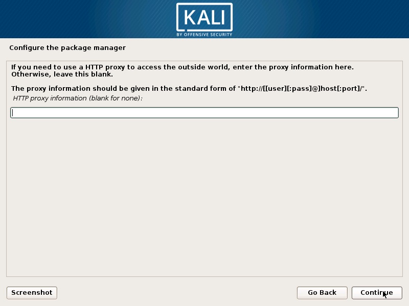 Install Kali Linux 2017 in VirtualBox- Configure the Package Manager - HTTP proxy Screenshot