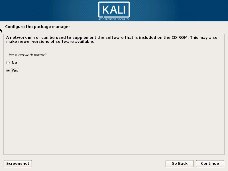 Install Kali Linux 2018 in VMware Workstation 14- Configure the Package Manager Screenshot