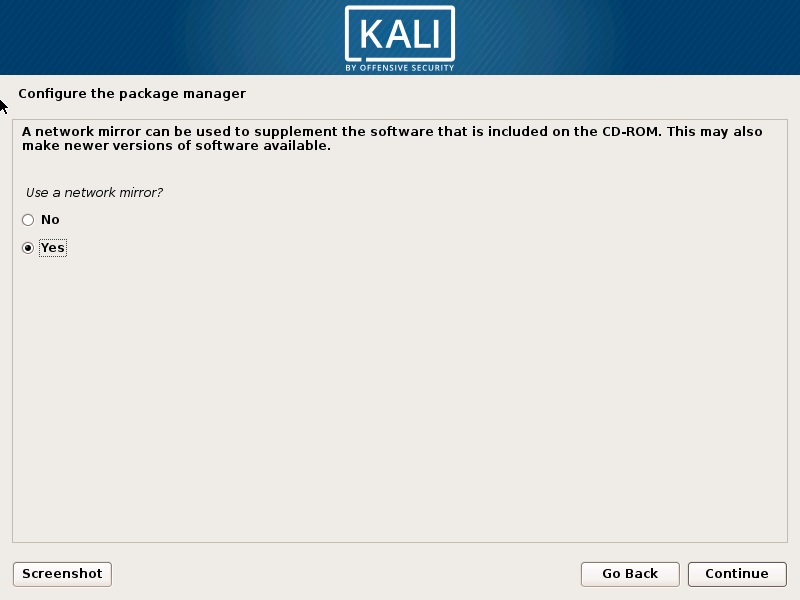 Install Kali Linux 2017 in VirtualBox- Configure the Package Manager Screenshot