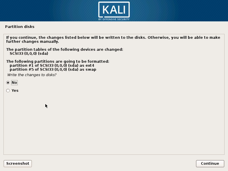 Install Kali Linux 2018 in VMware Workstation 14- Disk Partition Confirmation Screenshot