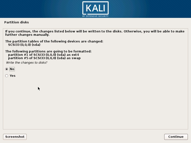 Install Kali Linux 2017 in VirtualBox- Disk Partition Confirmation Screenshot