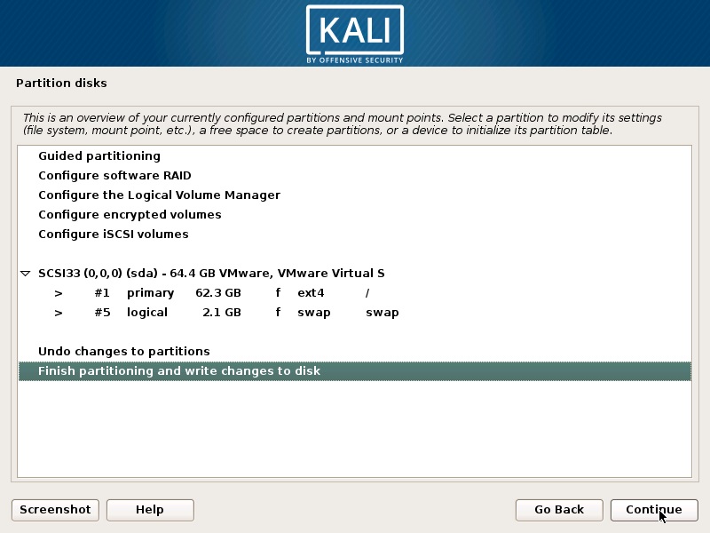 Install Kali Linux 2017 in VirtualBox- Disk Partition Overview Screenshot