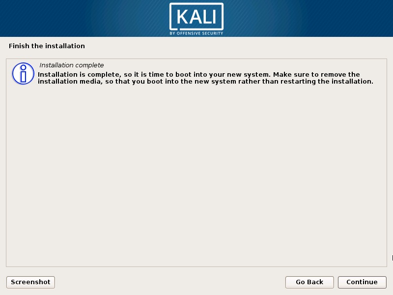 Install Kali Linux 2017 in VirtualBox- Installation Complete Screenshot