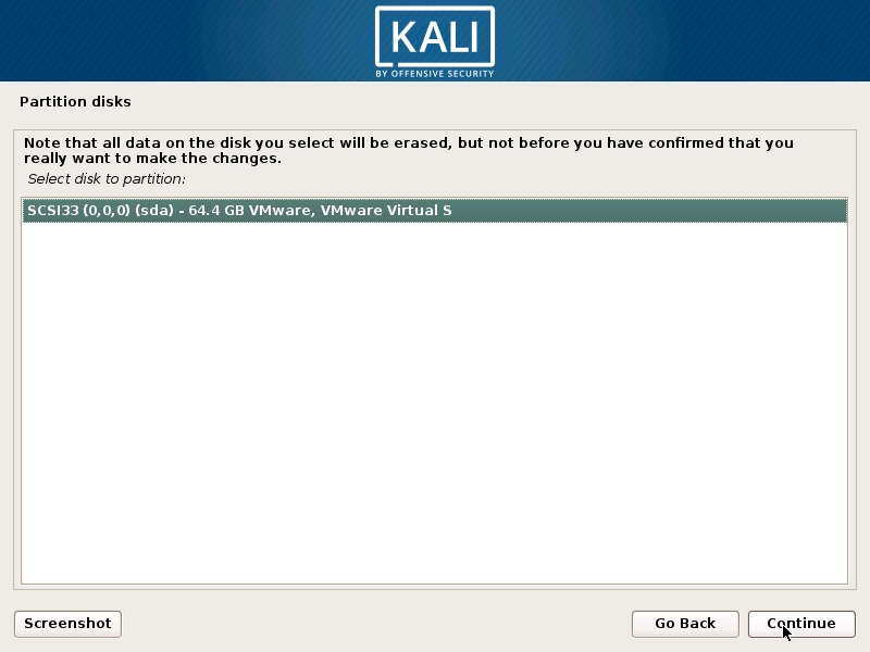 Install Kali Linux 2018 in VMware Workstation 14- Select Disk to Partition Screenshot