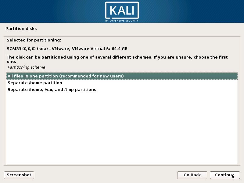 Install Kali Linux 2017 in VirtualBox- Disk Partitioning Scheme Screenshot