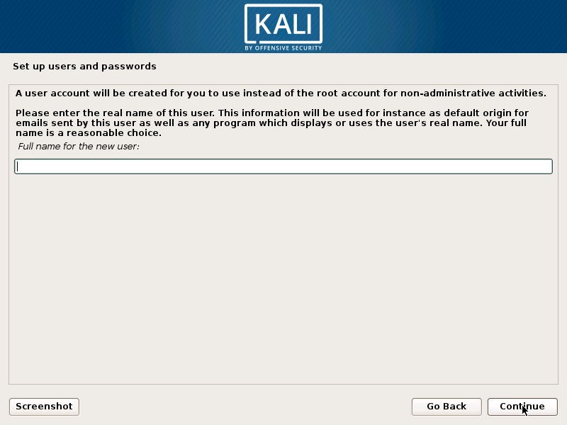 Install Kali Linux 2017 in VirtualBox- Set up Users Name Screenshot