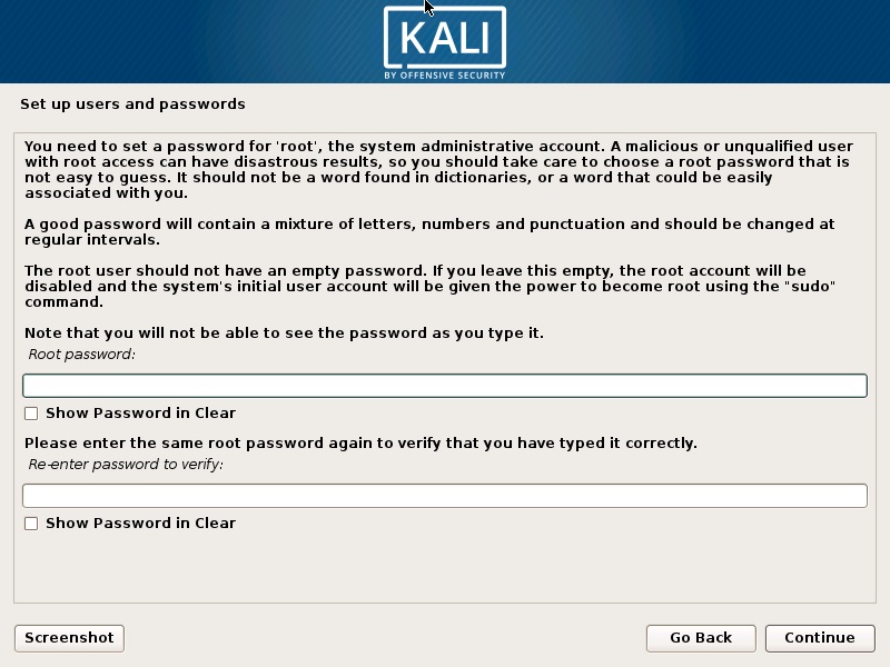 Install Kali Linux 2018 in VMware Workstation 14- Set up Users and Password Screenshot