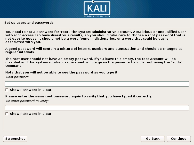 Install Kali Linux 2017 in VirtualBox- Set up Users and Password Screenshot