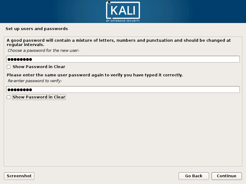 Install Kali Linux 2017 in VirtualBox- Set up Users and Password Screenshot