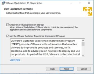 VMware Player 15 Installation - User Experience Settings