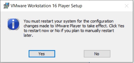 VMware Player 16 Installation - Reboot Required