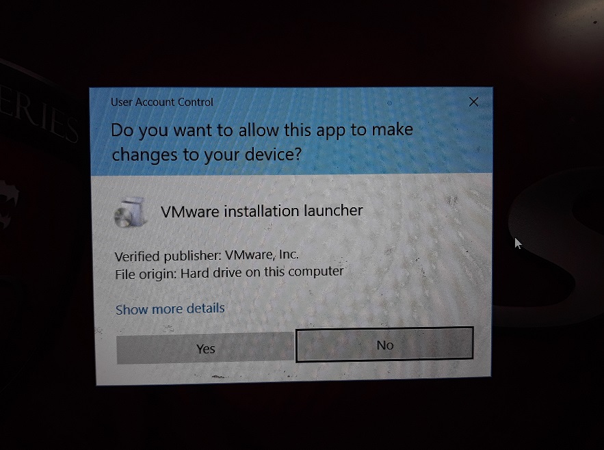 VMware Player 15 - Installation - User Account Control Warning