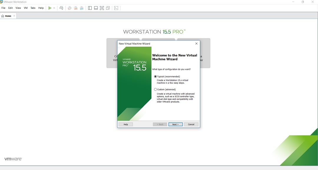 VMware workstation home – create a new virtual machine wizard – welcome screen screenshot