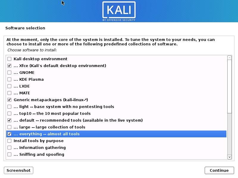Kali Linux Installation - Software selection
