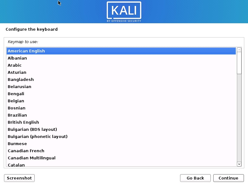 Install Kali Linux 2020 - Configure keyboard Screenshot