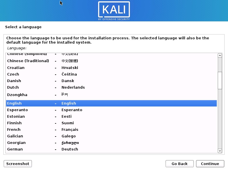 Install Kali Linux 2020 - Select a Language Screenshot