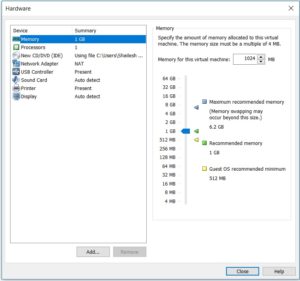 VMware workstation home - create a new virtual machine wizard - hardware memory setup screenshot