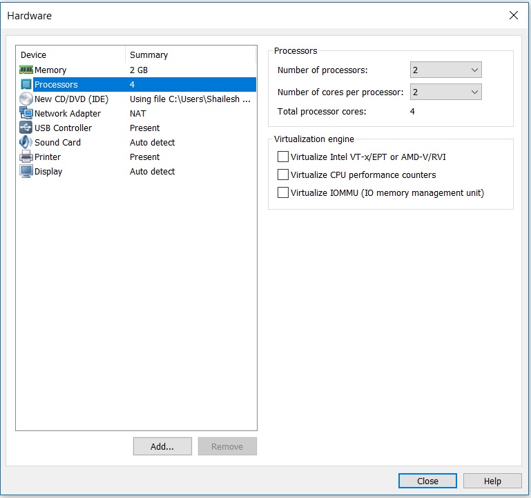 VMware workstation home - create a new virtual machine wizard - hardware processor setup screenshot