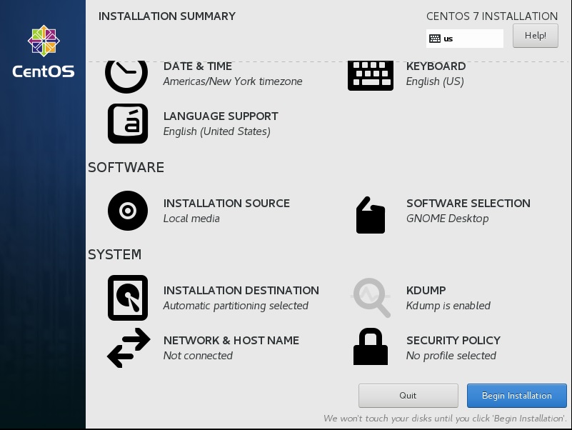 CentOS setup installation summary screenshot