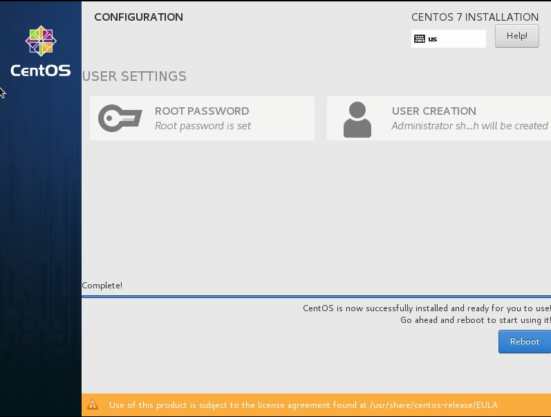 CentOS Setup - Installation complete - reboot