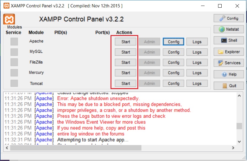 XAMPP Control Panel - Start Service