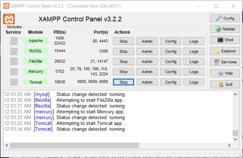 XAMPP Control Panel - Services Running