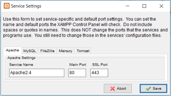 XAMPP Control Panel - Service Settings