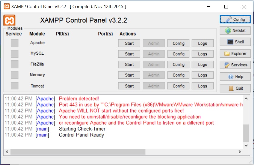 XAMPP Control panel displaying issues