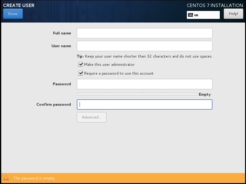 CentOS Setup - Create user dialog box screenshot