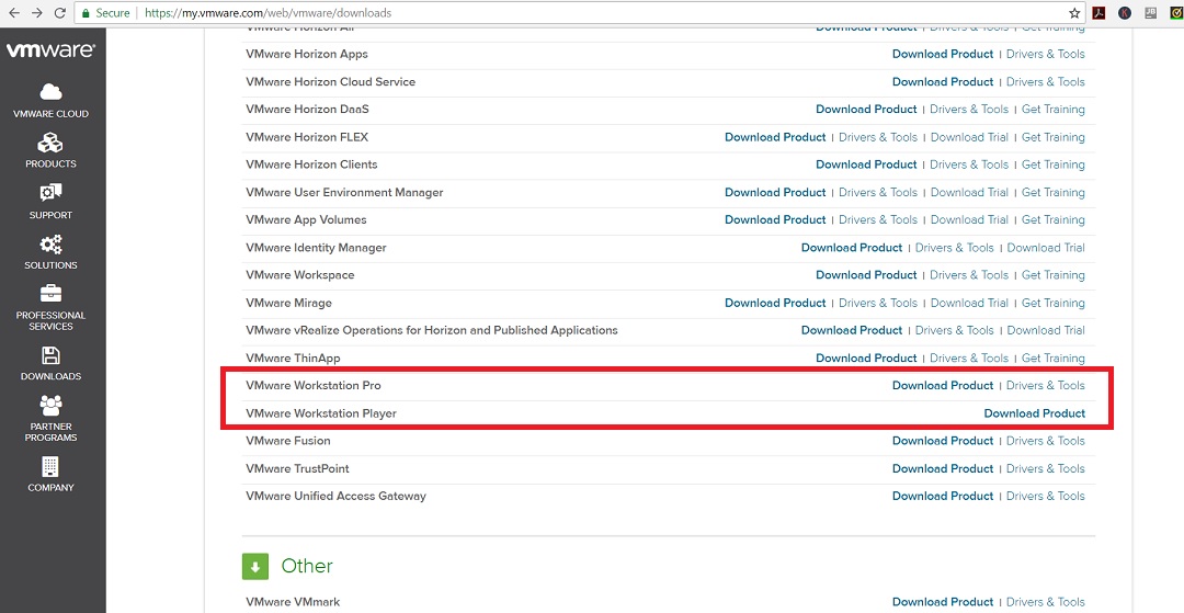 VMware Download page