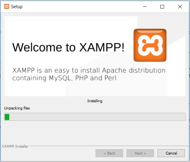 XAMPP installation on Windows - Installation in Progress