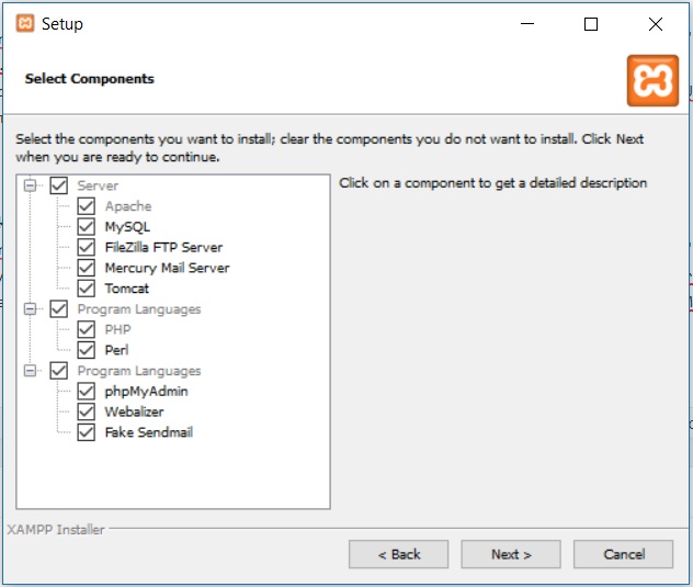 XAMPP installation on Windows - Select Component