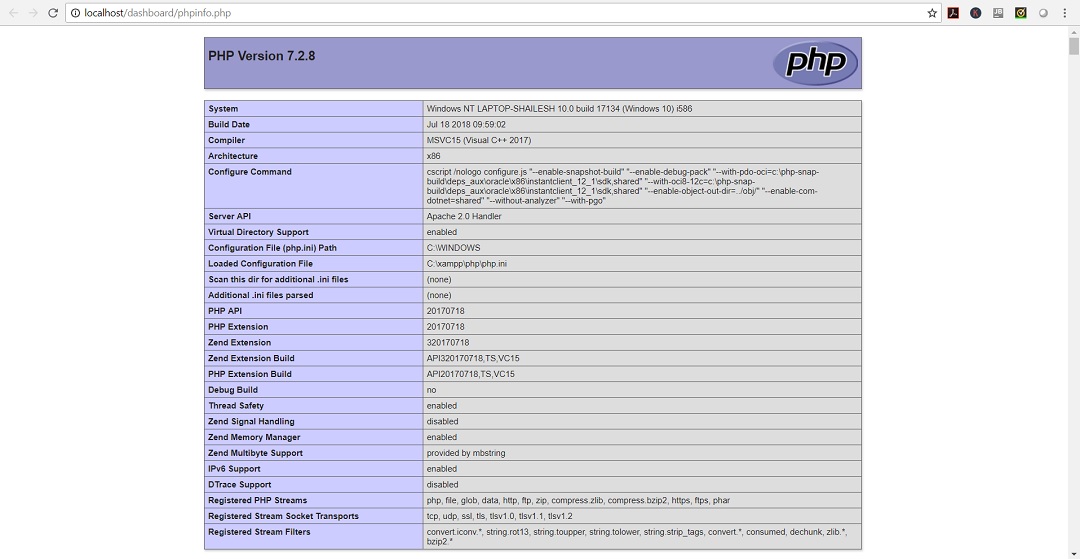 XAMPP PHPInfo webpage