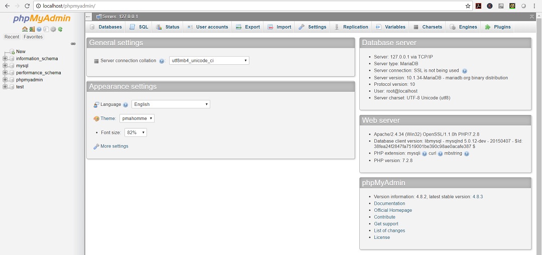 XAMPP phpMyAdmin webpage