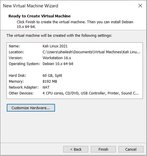 Kali Linux Installation - Ready to create virtual machine